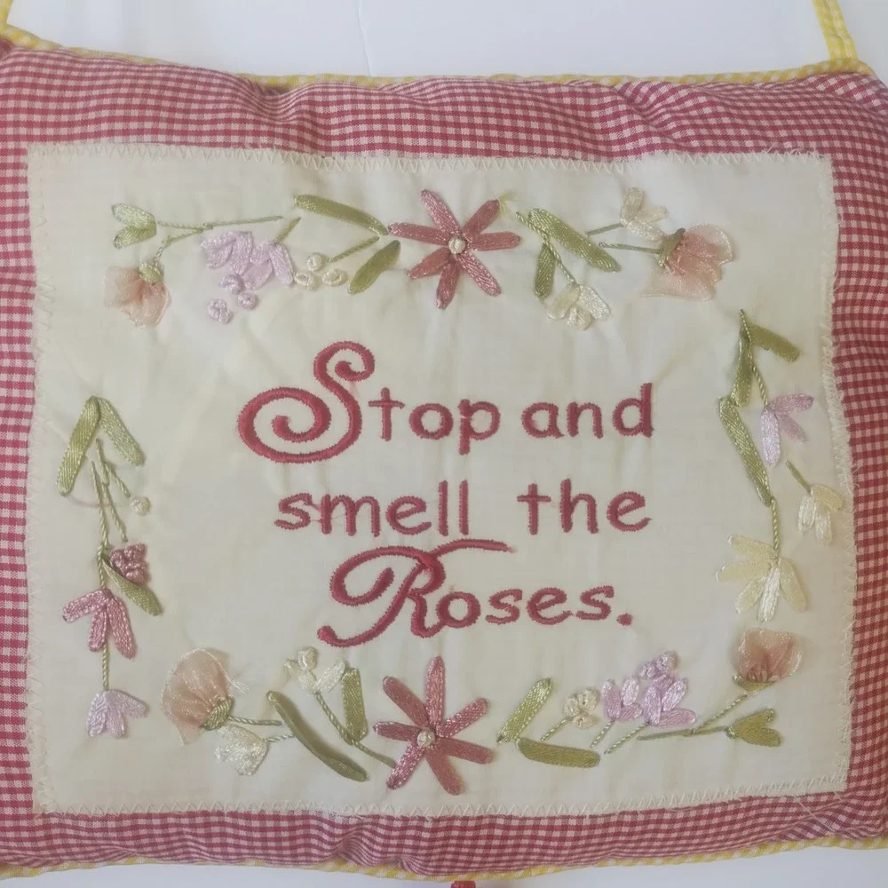 J.D. Yeatts & Son Hanging Pillow Small Red Gingham Embroidered Roses Cottagecore